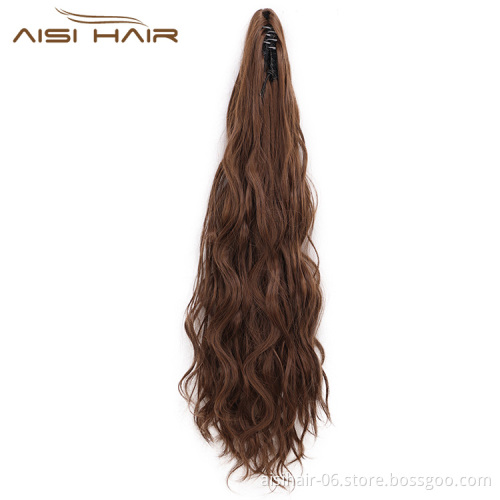 Aisi Hair Synthetic Long Wavy Claw On Ponytail Hair Extensions Brown Color Pony Tail Hairpieces for Women